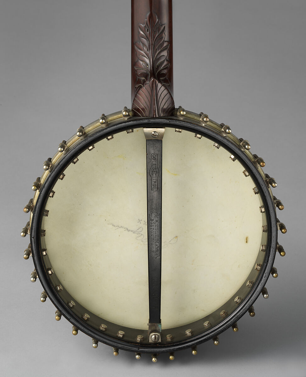 “Eclipse 4000” model banjo, William A. Cole, Calfskin head, various woods (including ebony), metal hardware, mother of pearl and abalone inlays, gut strings, ivory tuners, ivory tailpiece and bone nut, American