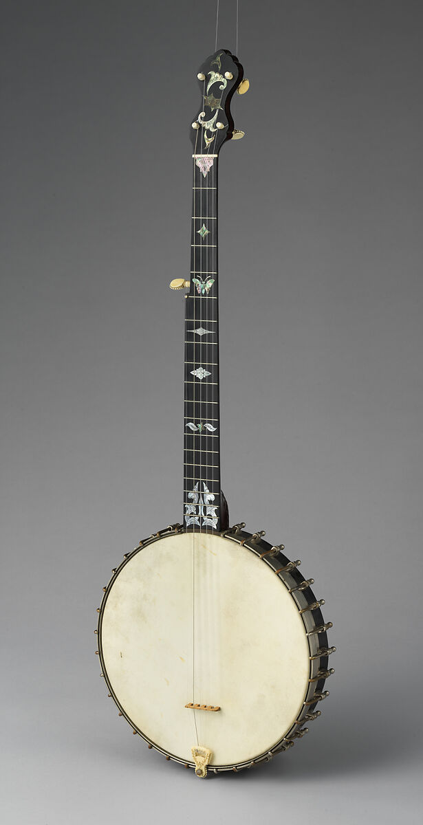 “Eclipse 4000” model banjo, William A. Cole, Calfskin head, various woods (including ebony), metal hardware, mother of pearl and abalone inlays, gut strings, ivory tuners, ivory tailpiece and bone nut, American