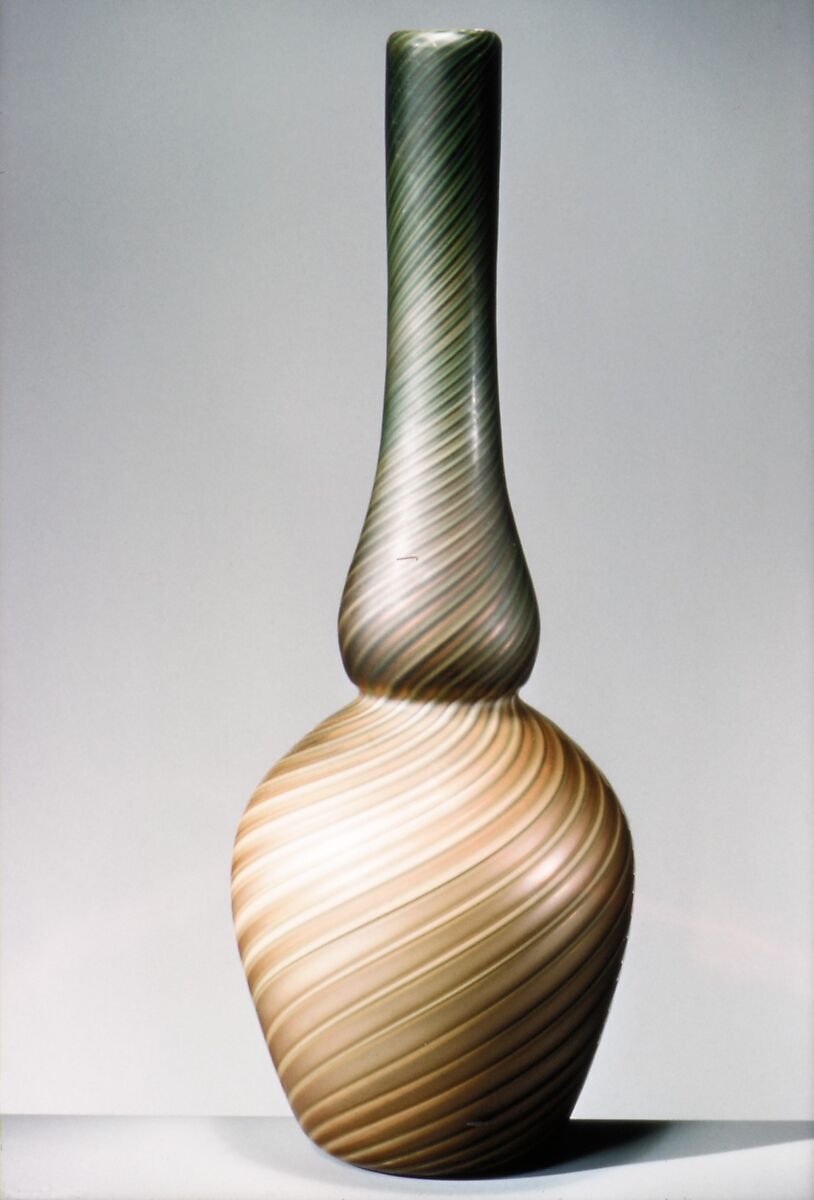 Vase, Blown satin peach and purple glass, American 