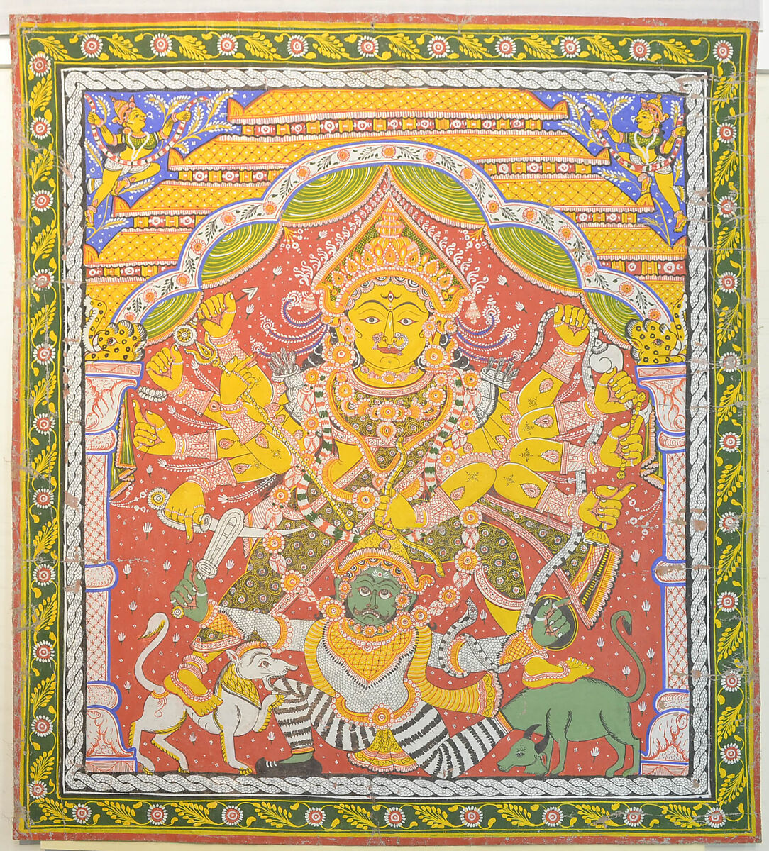Durga as demon-slayer, Ink and opaque watercolor on cotton, India, Odisha (Orissa), Puri 