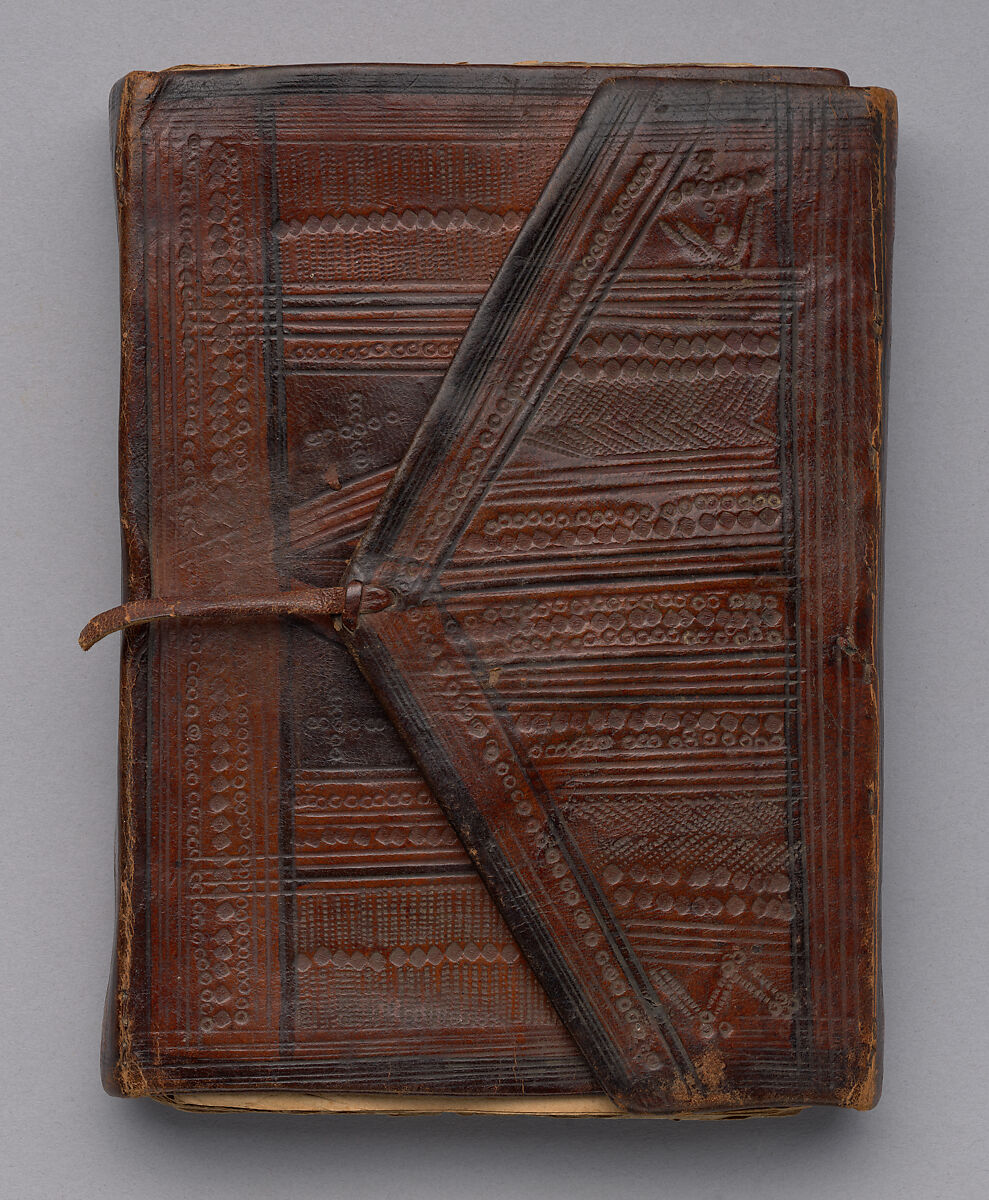 Prayer Book, Ink, and opaque watercolors on paper; embossed leather cover