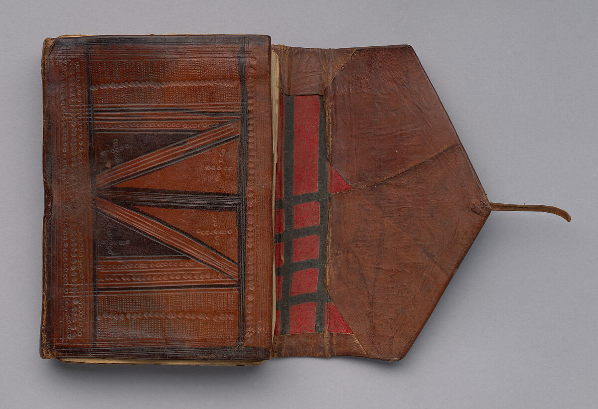 Prayer Book, Ink, and opaque watercolors on paper; embossed leather cover