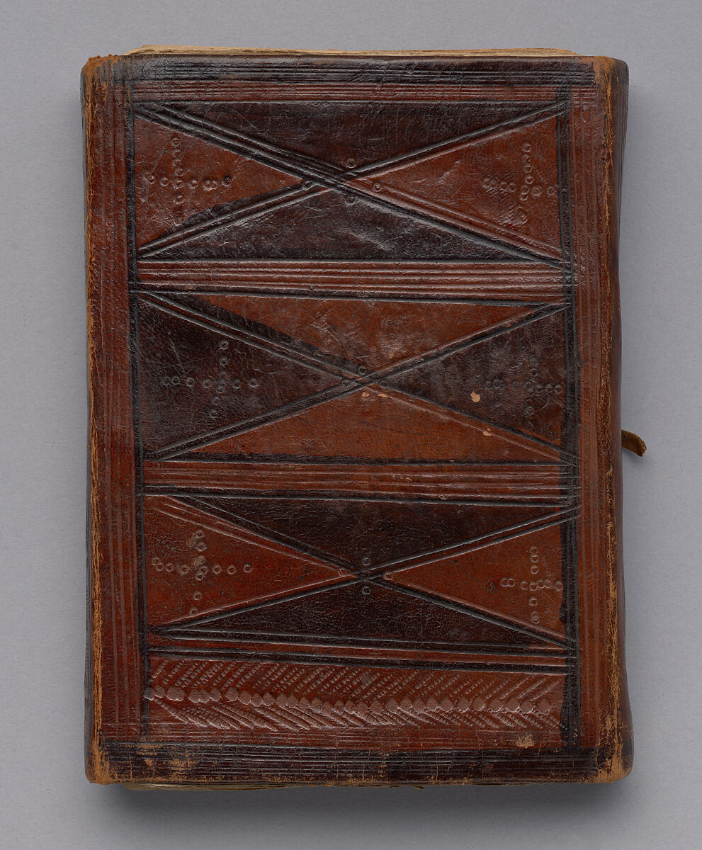 Prayer Book, Ink, and opaque watercolors on paper; embossed leather cover