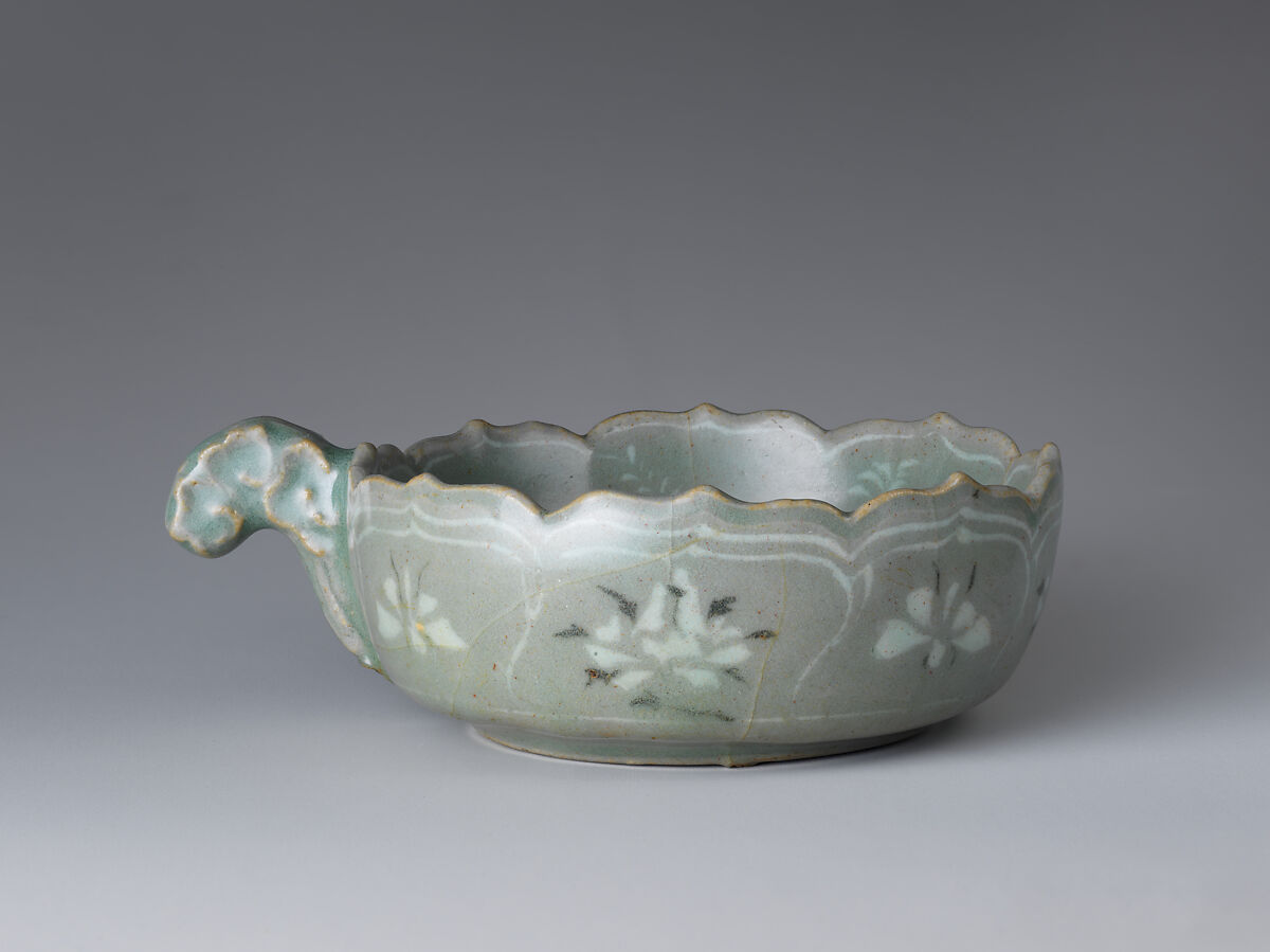 Cup with handle, Stoneware with inlaid and molded decoration under celadon glaze, Korea