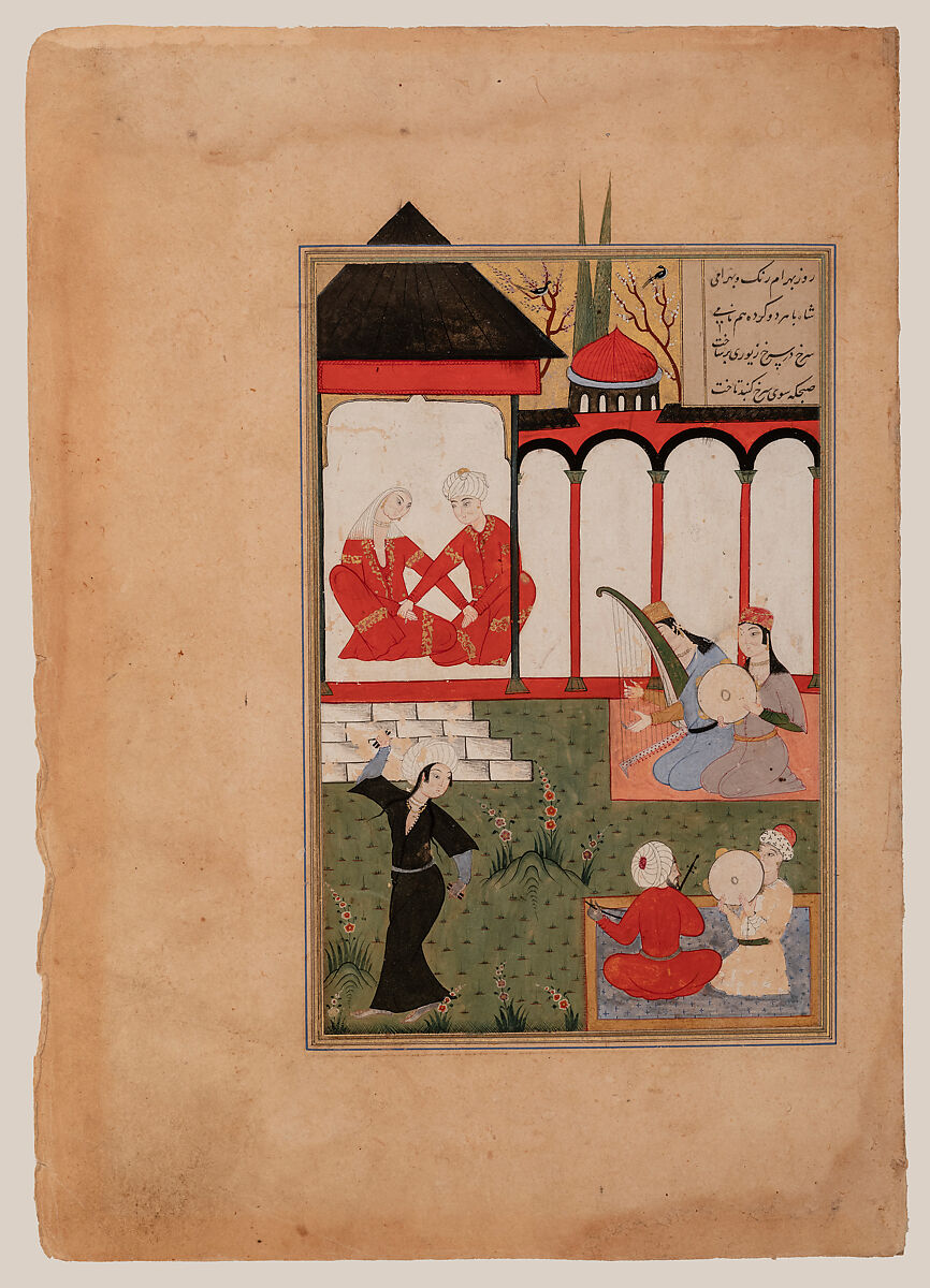 "Bahram Gur in the Red Pavilion", Folio from a Haft Paikar (Seven Portraits) of the Khamsa (Quintet) of Nizami of Ganja, Nizami (present-day Azerbaijan, Ganja 1141–1209 Ganja), Ink, opaque watercolor, silver, and gold on paper
