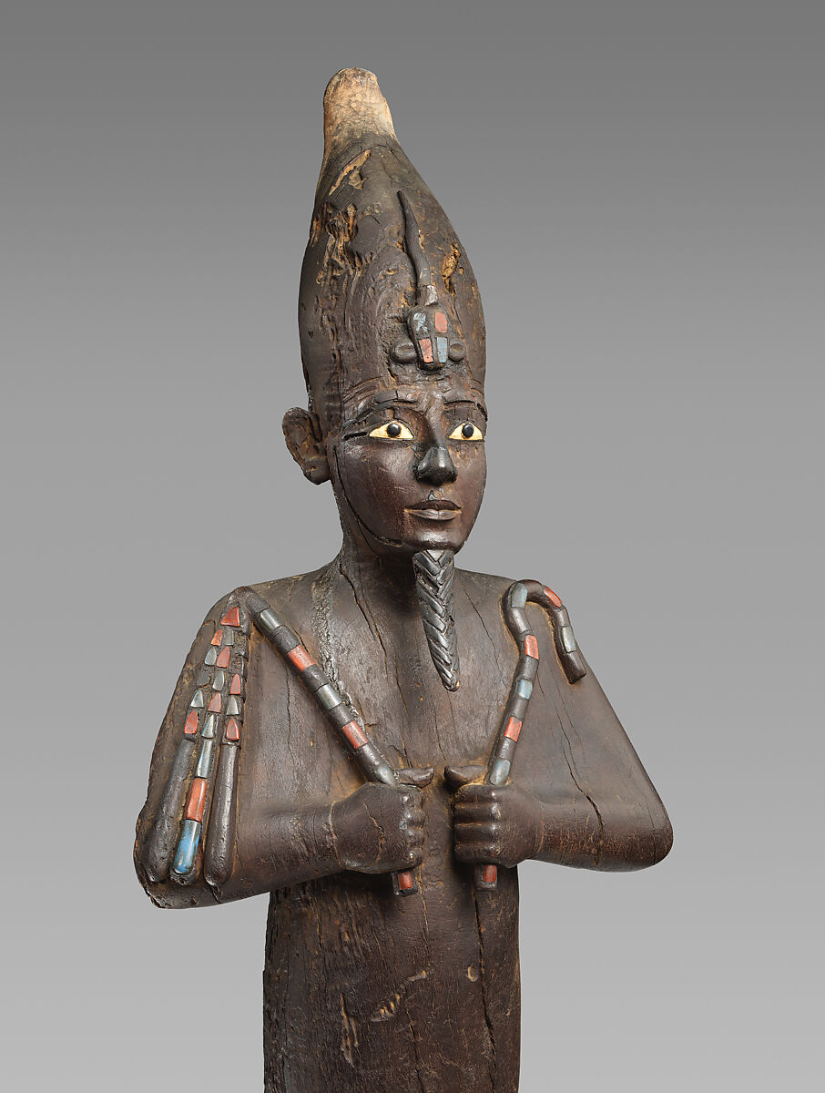 Statue of Osiris, Ruler of Eternity, Wood, jasper, obsidian, bone, clinochlore, Egyptian blue, probably modern glass and blue inlays