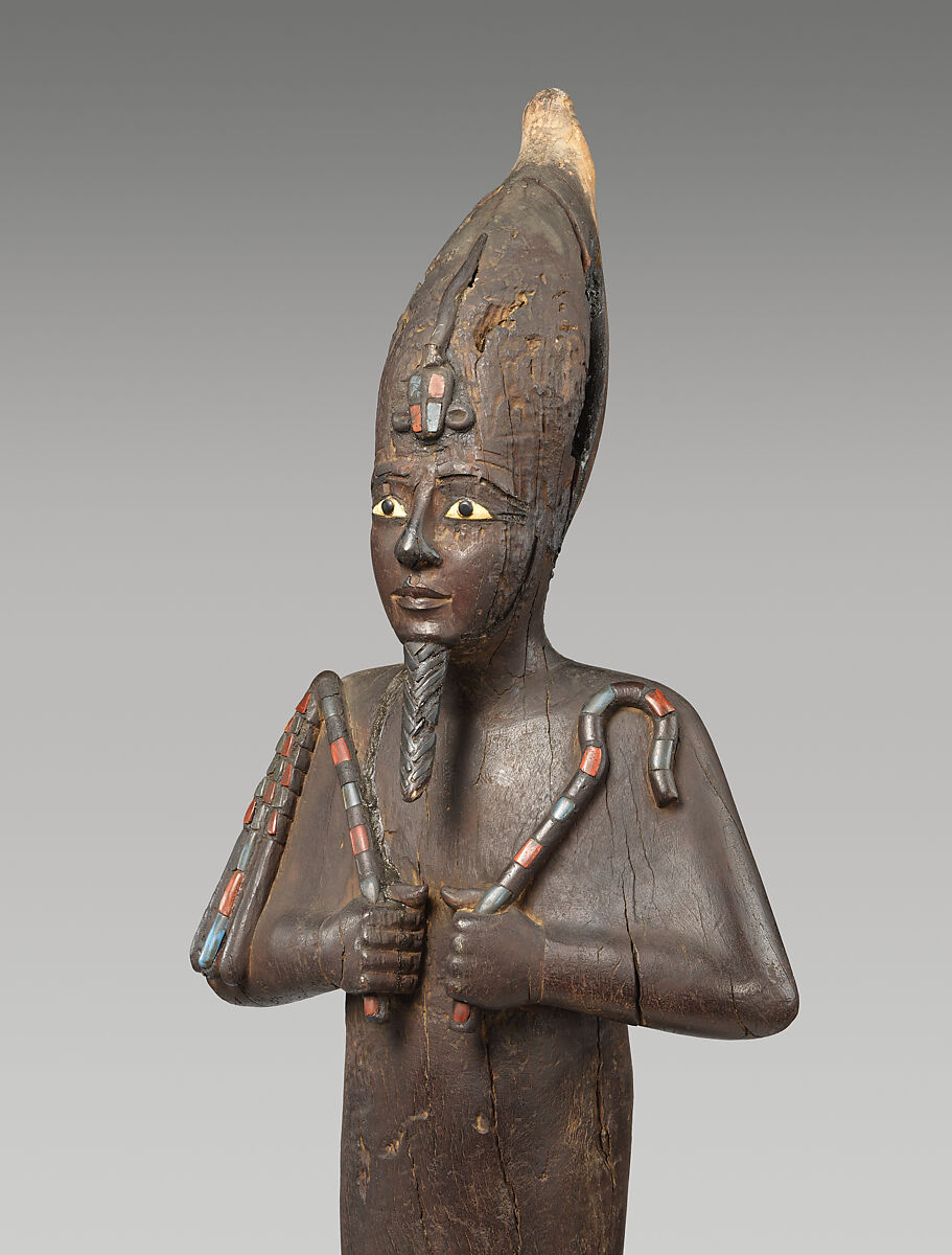 Statue of Osiris, Ruler of Eternity, Wood, jasper, obsidian, bone, clinochlore, Egyptian blue, probably modern glass and blue inlays
