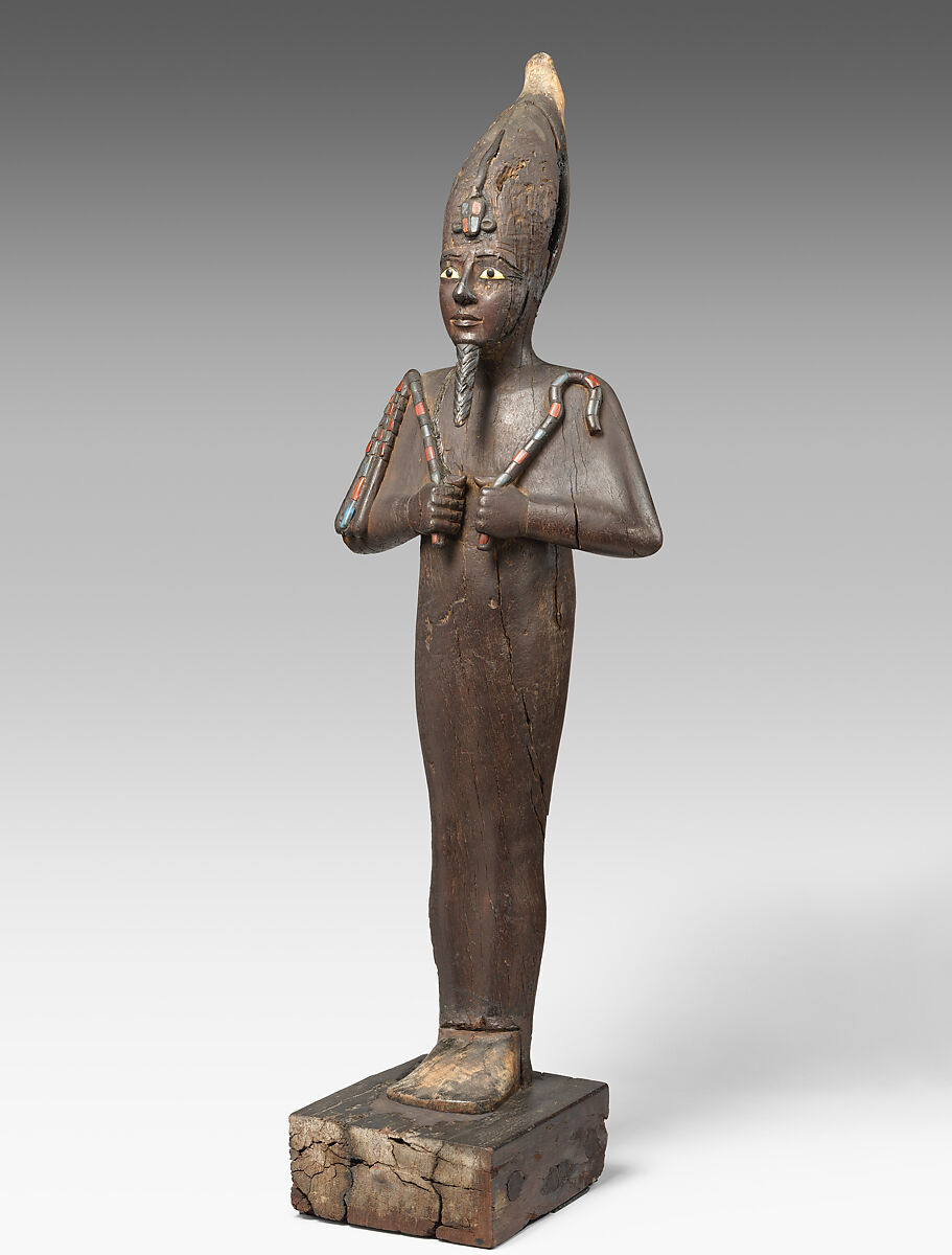 Statue of Osiris, Ruler of Eternity, Wood, jasper, obsidian, bone, clinochlore, Egyptian blue, probably modern glass and blue inlays