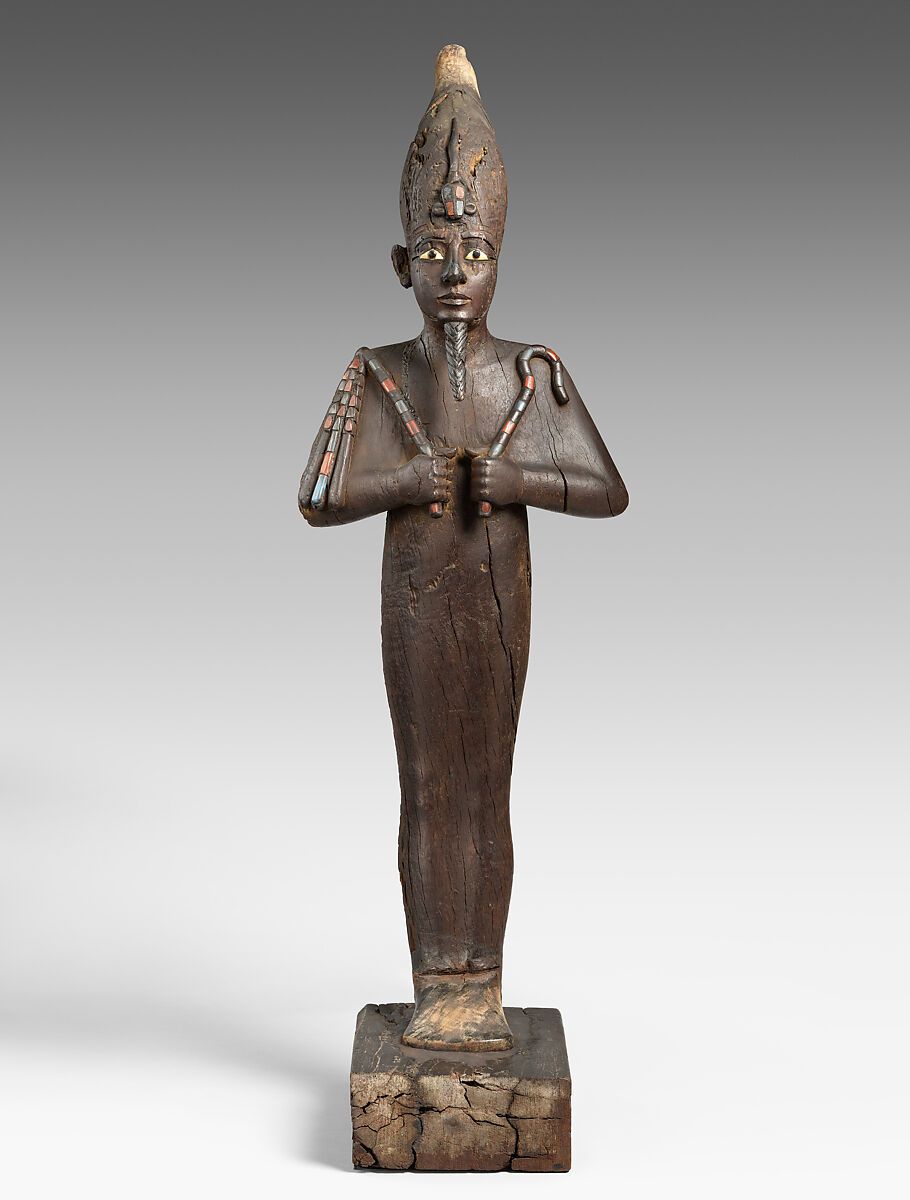 Statue of Osiris, Ruler of Eternity, Wood, jasper, obsidian, bone, clinochlore, Egyptian blue, probably modern glass and blue inlays