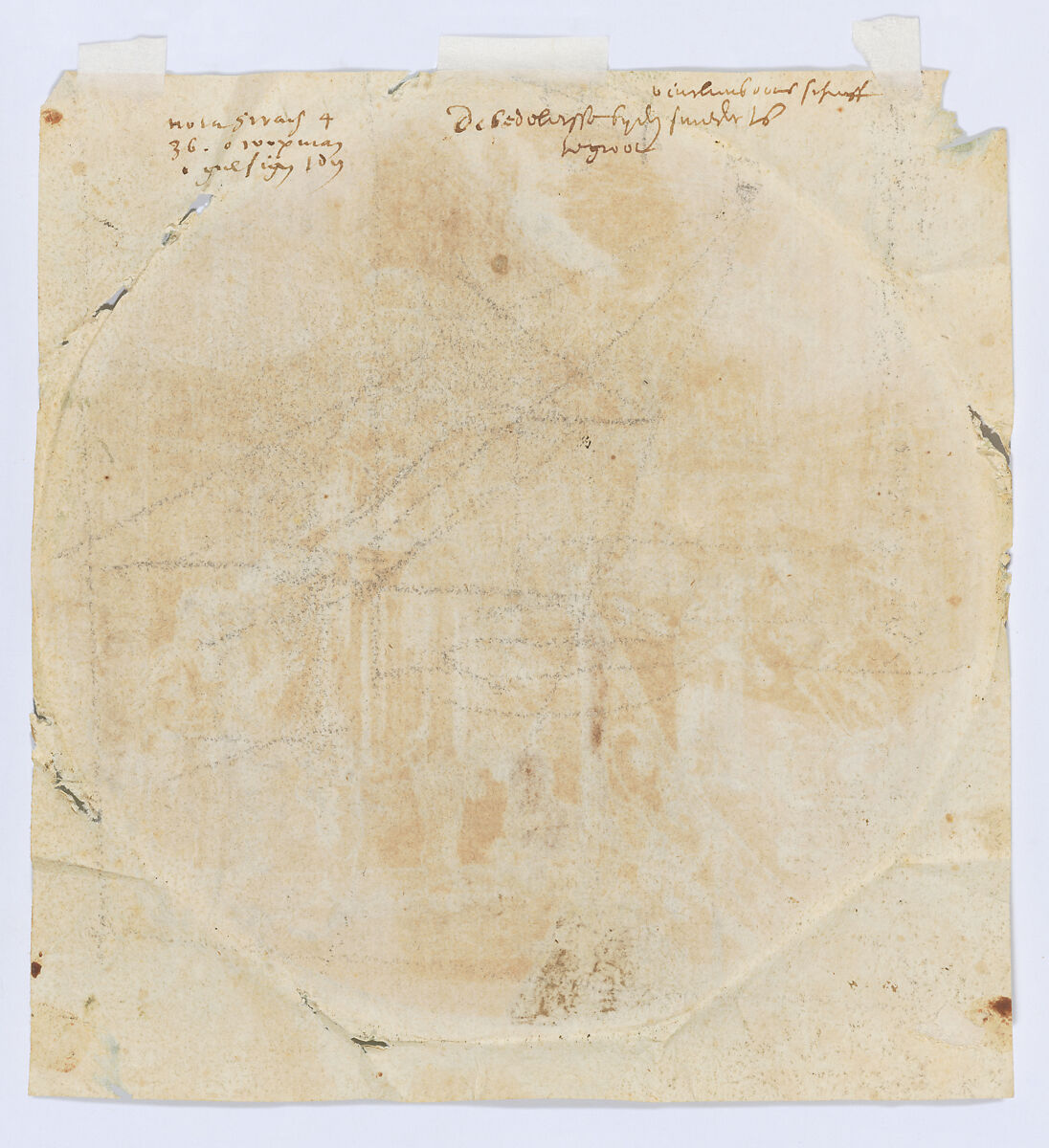 Allegorical scene with beggars and blacksmiths (recto); Sketch of rooftop (verso), David Vinckboons (Netherlandish, Mechelen 1576–1629 Amsterdam), Pen and brown ink, brush and brown ink, brown wash, heightened with white, on antique laid paper partially prepared with green watercolor, double framing lines in brown ink and gold leaf (recto); black chalk (verso)