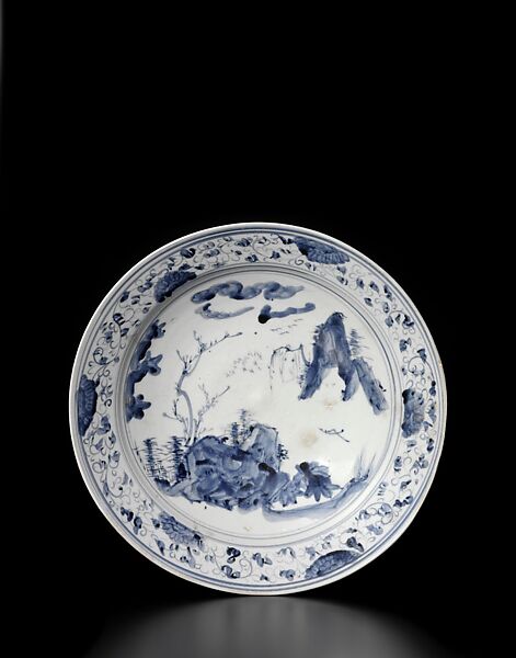 Large Dish (Ōzara) with Chinese Landscape, Porcelain with cobalt blue under transparent glaze (Hizen ware, Arita type), Japan