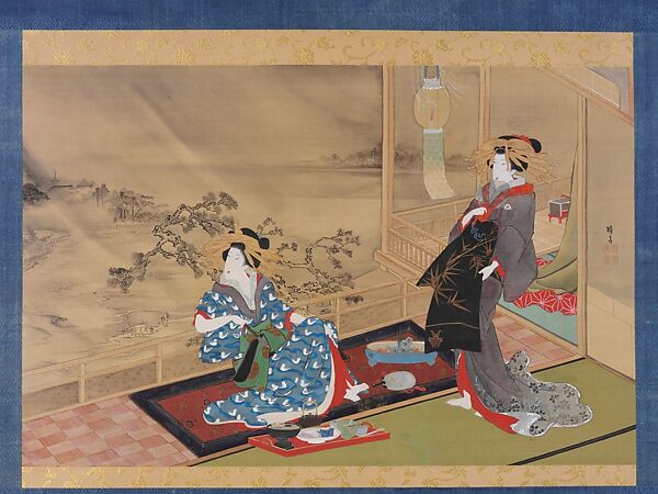 Evening Rain in the Yoshiwara, Teisai Hokuba  Japanese, Hanging scroll; ink, color, and gold on silk, Japan