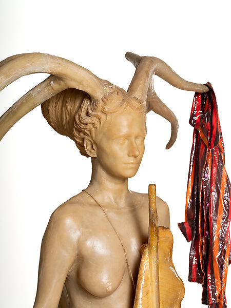 Warrior with Cloak and Shield, Bharti Kher (British-Indian, born London, 1969), Resin, banana leaf, cotton, stainless steel