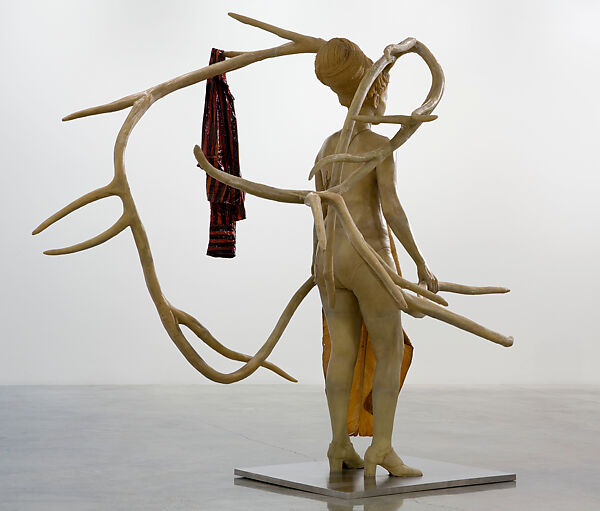 Warrior with Cloak and Shield, Bharti Kher (British-Indian, born London, 1969), Resin, banana leaf, cotton, stainless steel