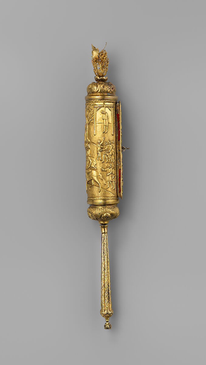 Esther Scroll and Case, Gold, white metal; ink on parchment, Italian