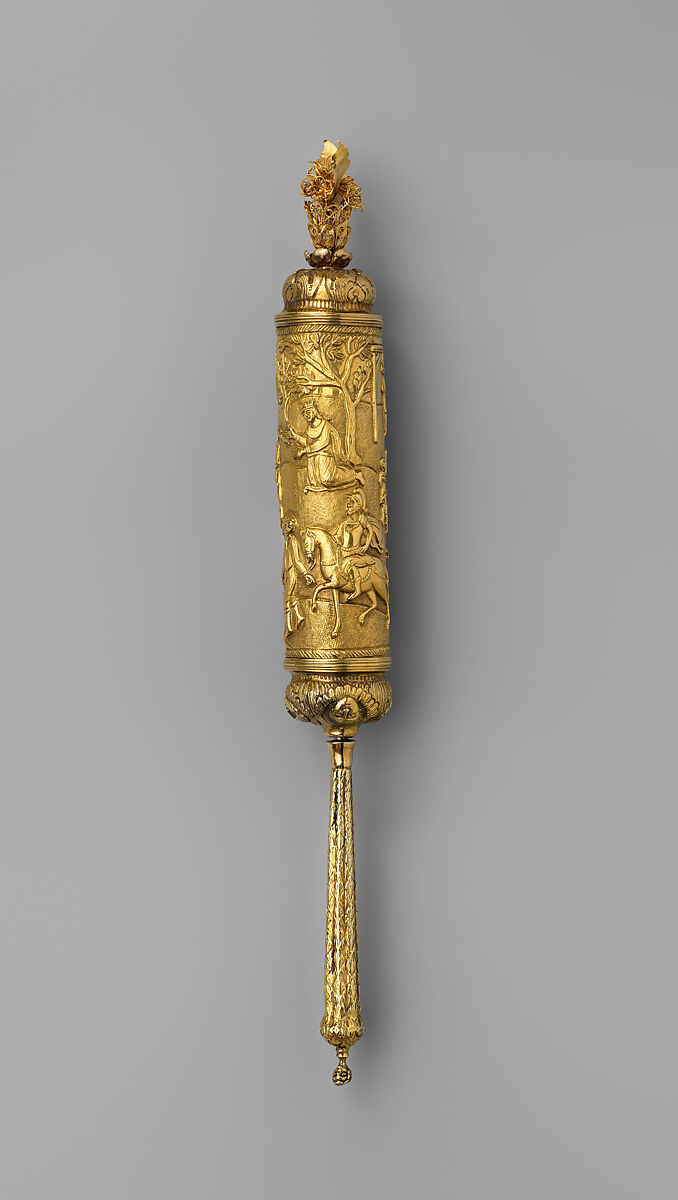 Esther Scroll and Case, Gold, white metal; ink on parchment, Italian