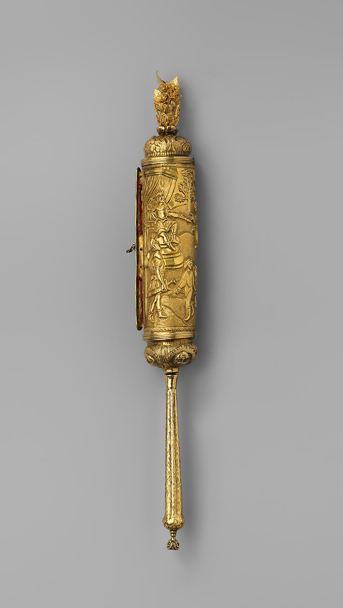 Esther Scroll and Case, Gold, white metal; ink on parchment, Italian