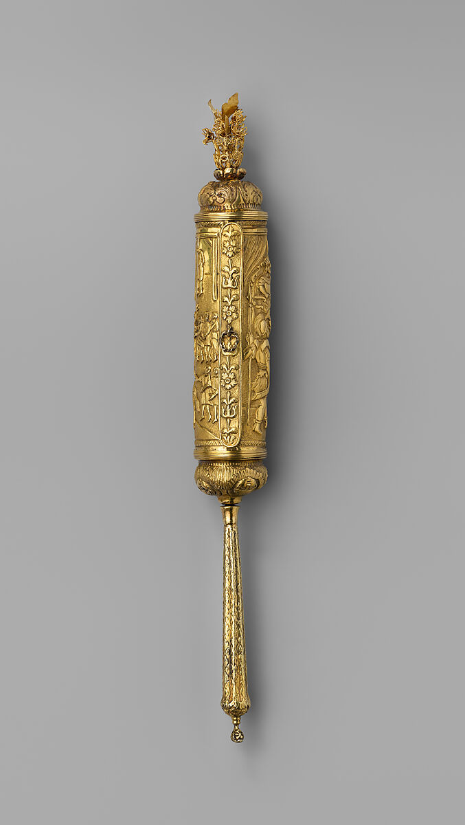 Esther Scroll and Case, Gold, white metal; ink on parchment, Italian