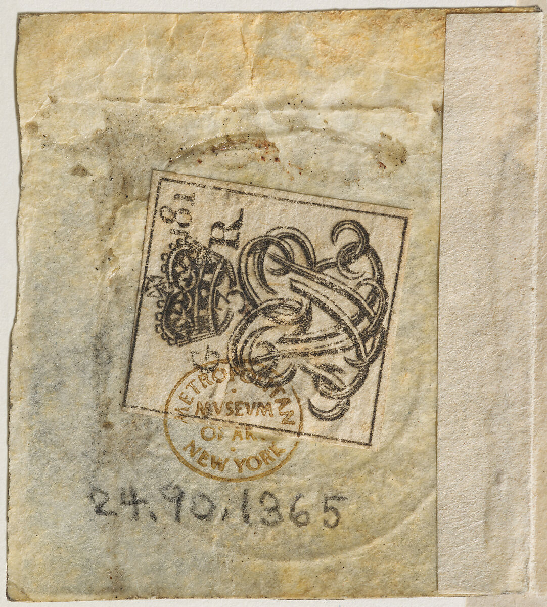 Two shillings and six pence revenue stamp, Anonymous, British, 18th century, Embossed stamp on blue-gray paper with metal staple on vellum (recto); engraved cypher (verso)