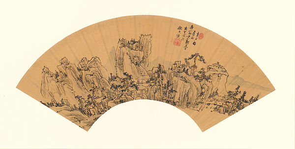Visiting a friend at his mountain retreat, Yao Wenxie  Chinese, Fan mounted as an album leaf; ink and color on gold paper, China