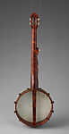 Banjo, James J. Hartel, Maple rim with rosewood veneer, cherry neck with rose fingerboard and peghead overlay, maple inlay on the fingerboard and peghead, calfskin head on the rim (w/ copper flesh hoop), American