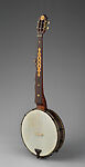 Banjo, James J. Hartel, Maple rim with rosewood veneer, cherry neck with rose fingerboard and peghead overlay, maple inlay on the fingerboard and peghead, calfskin head on the rim (w/ copper flesh hoop), American