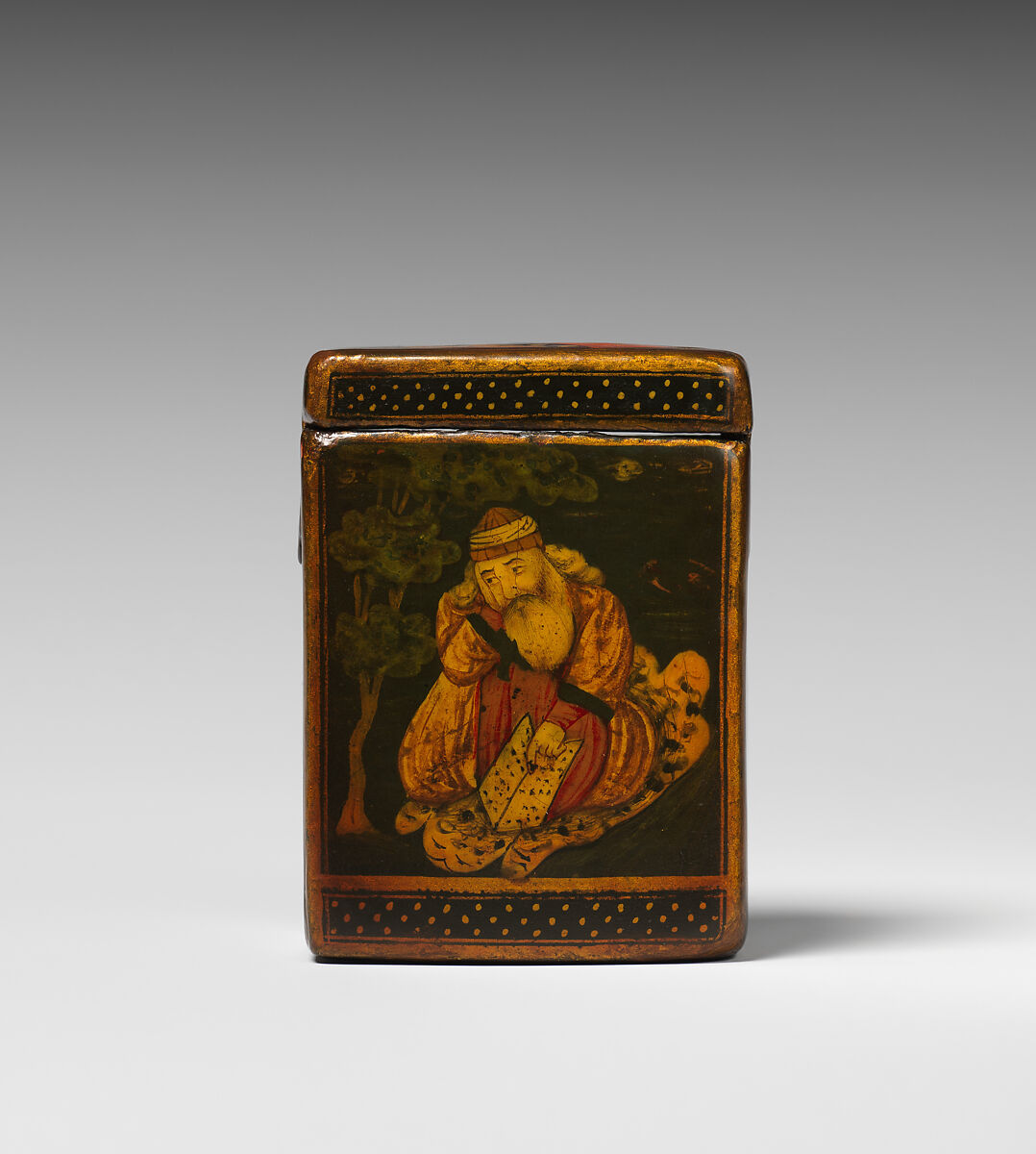 Qajar Lacquer Game Box with Thirty Four Bone Playing Cards, Box: Papier-mache; painted and varnishedCards: Bone with opaque watercolor