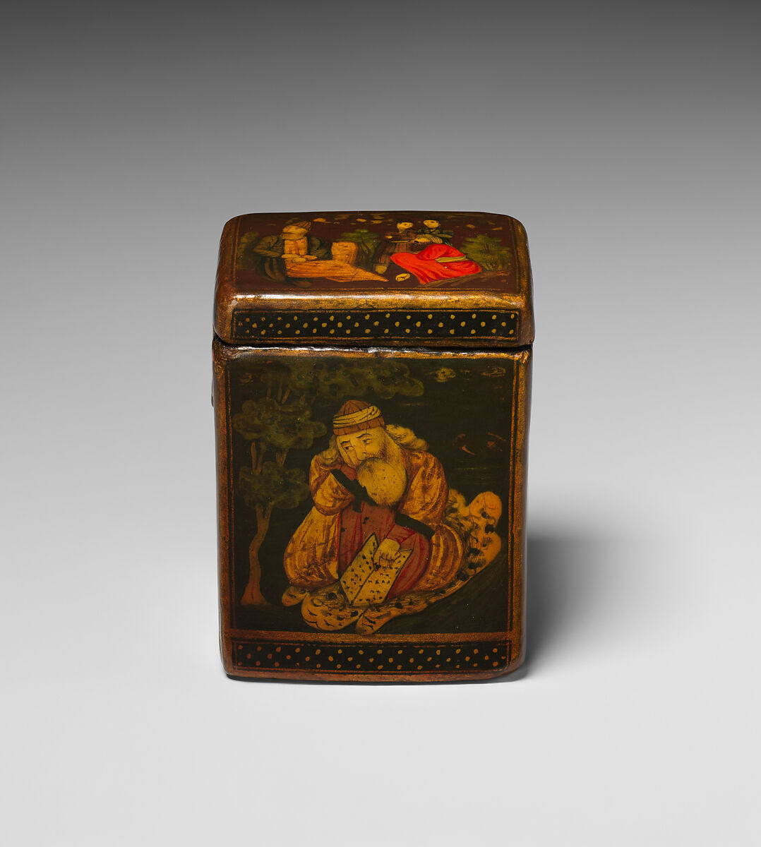 Qajar Lacquer Game Box with Thirty Four Bone Playing Cards, Box: Papier-mache; painted and varnishedCards: Bone with opaque watercolor