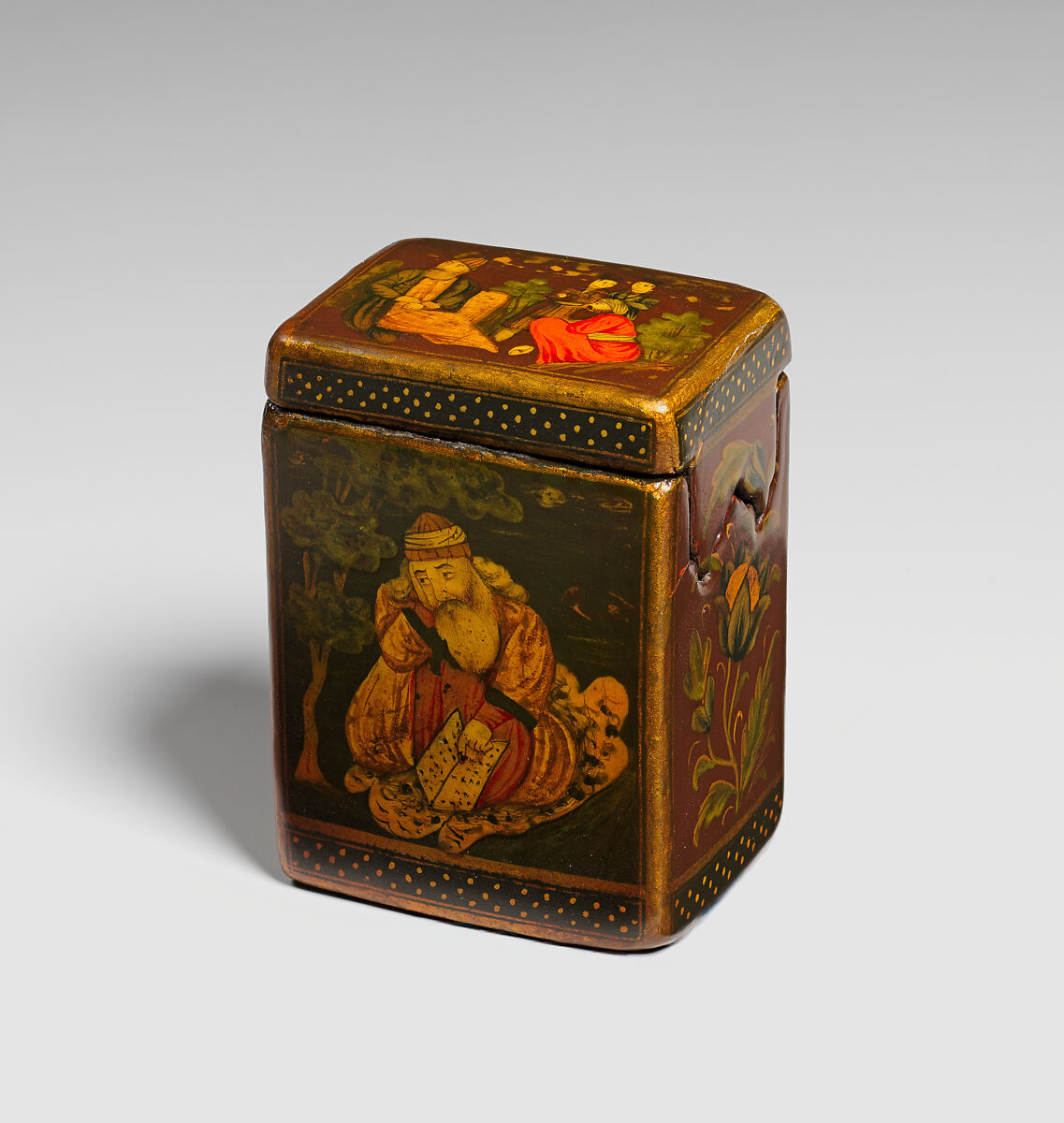 Qajar Lacquer Game Box with Thirty Four Bone Playing Cards, Box: Papier-mache; painted and varnishedCards: Bone with opaque watercolor