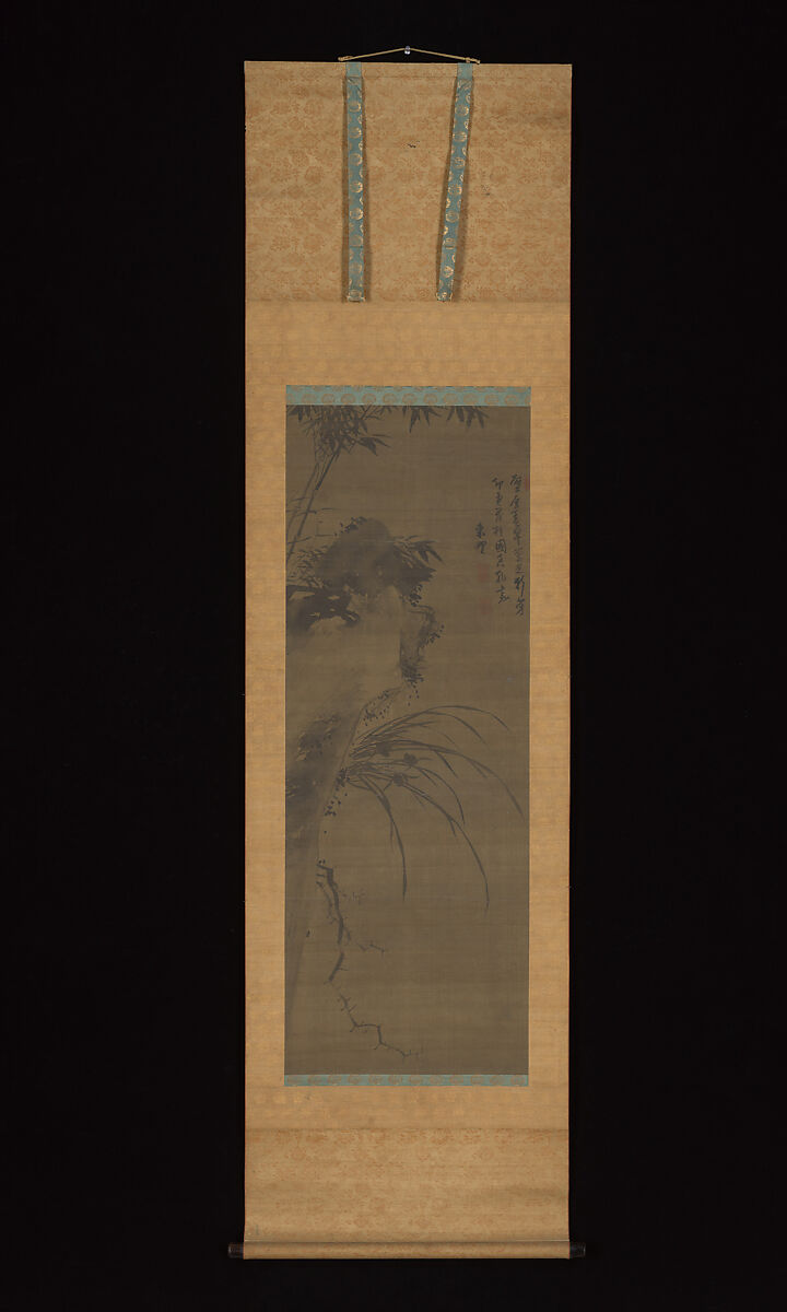 Overhanging Cliff with Bamboo and Orchid, Attributed to Kwon Dong-yu (Korean, dates unknown), Hanging scroll; ink on silk, Korea