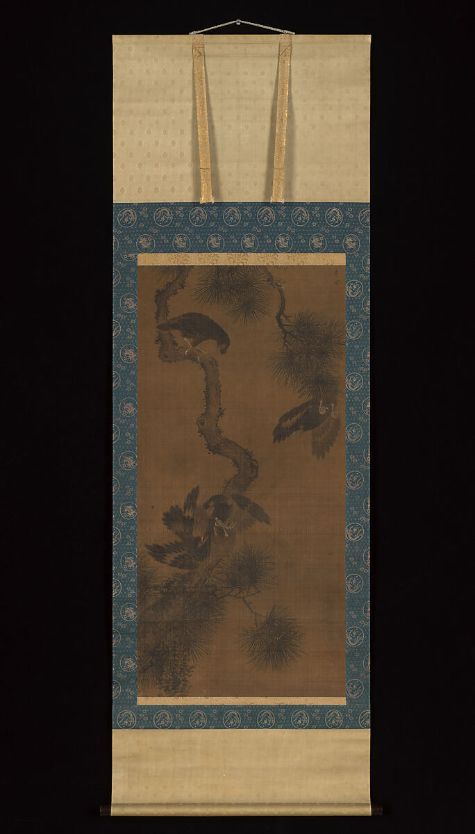 Mynahs on Pine, Yi Gi (Korean, dates unknown), Hanging scroll; ink and color on silk, Korea