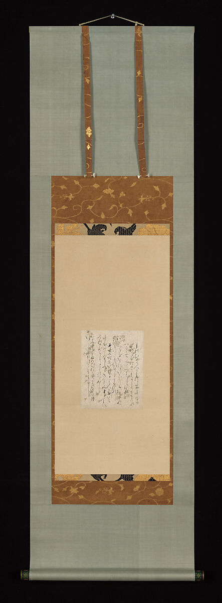Poems from Collection of Ki no Tsurayuki (Tsurayuki shū), Latter Part, from the Nishi-Honganji Anthology of Thirty-Six Poets, also known as one of the Ishiyama fragments (Ishiyama-gire), Fujiwara no Sadanobu (Japanese, 1088–1156), Page from a bound booklet mounted as a hanging scroll; ink on paper decorated with silver, Japan