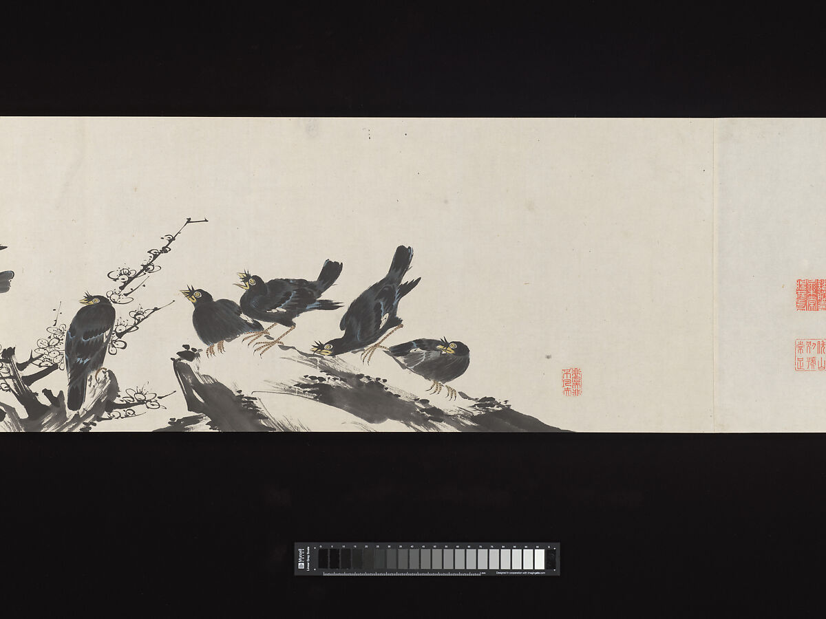 Crested Mynahs, (Morimoto) Itsuzan Mokuin (Japanese, 1702–1778), Handscroll: ink and color on paper, Japan