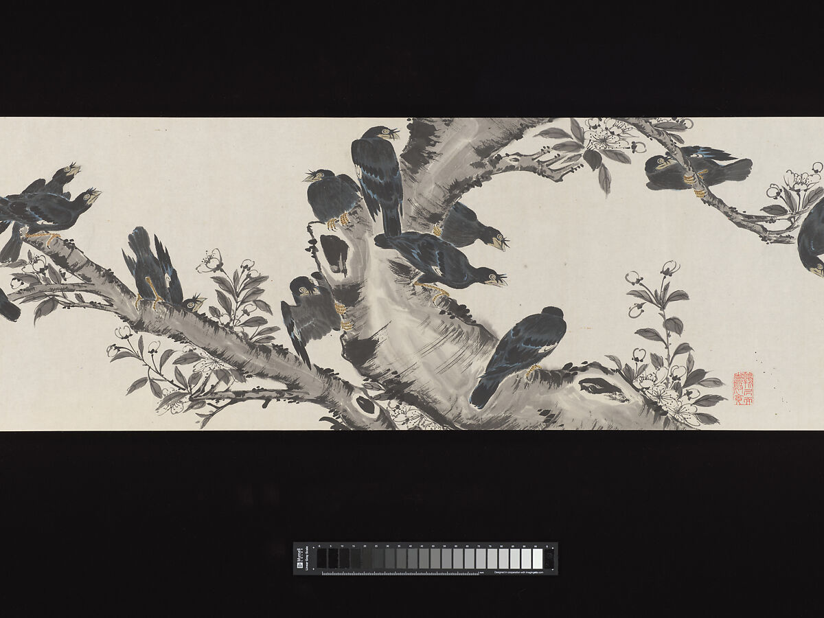 Crested Mynahs, (Morimoto) Itsuzan Mokuin (Japanese, 1702–1778), Handscroll: ink and color on paper, Japan