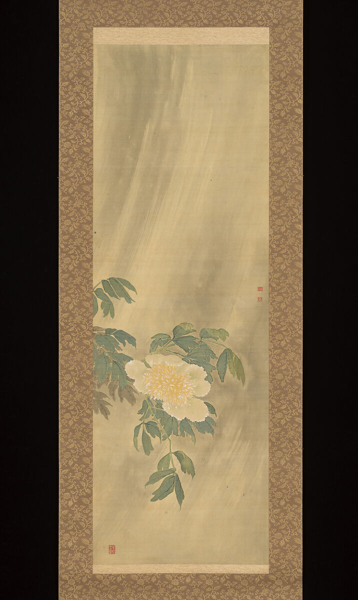 Daoist Immortal Liu Hai and Peonies, Sō Shiseki (Japanese, 1715–1786), Triptych of hanging scrolls; ink and color on silk, Japan
