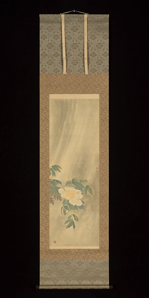 Daoist Immortal Liu Hai and Peonies, Sō Shiseki (Japanese, 1715–1786), Triptych of hanging scrolls; ink and color on silk, Japan