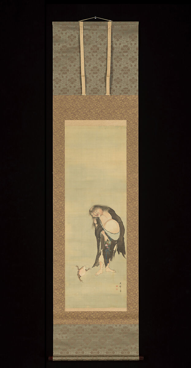 Daoist Immortal Liu Hai and Peonies, Sō Shiseki (Japanese, 1715–1786), Triptych of hanging scrolls; ink and color on silk, Japan