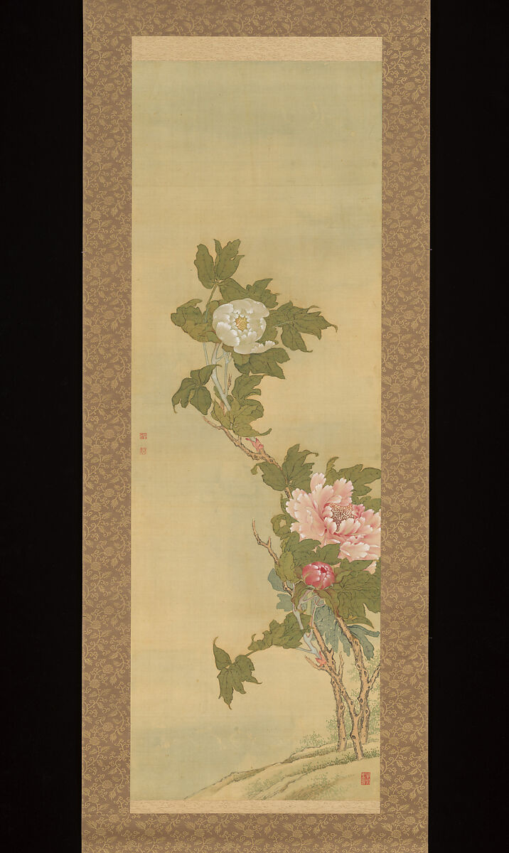 Daoist Immortal Liu Hai and Peonies, Sō Shiseki (Japanese, 1715–1786), Triptych of hanging scrolls; ink and color on silk, Japan