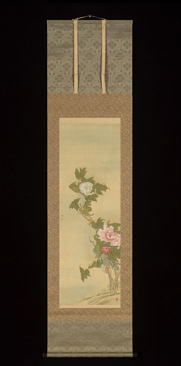 Daoist Immortal Liu Hai and Peonies, Sō Shiseki (Japanese, 1715–1786), Triptych of hanging scrolls; ink and color on silk, Japan