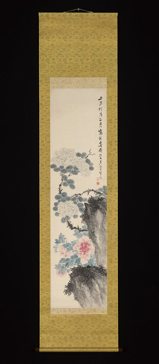 Hydrangeas and Peonies, Takahashi Sōhei (Japanese, 1804–1835), Hanging scroll; ink and color on paper, Japan