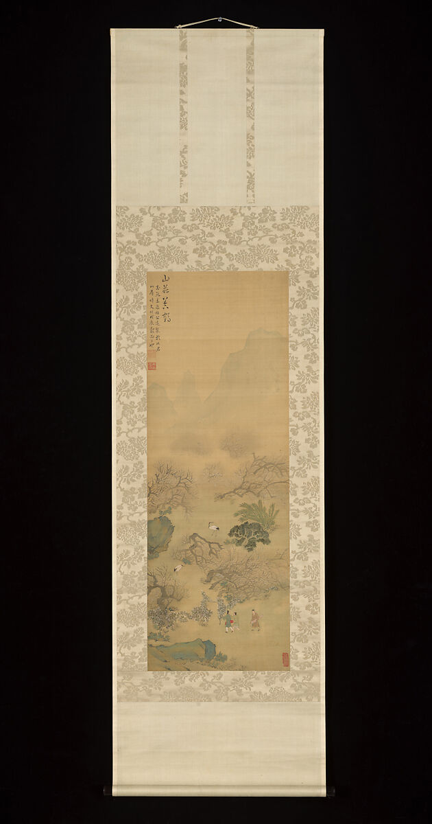 Raising Cranes at a Mountain Villa, Tachihara Kyōsho (Japanese, 1786–1840), Hanging scroll; ink and color on silk, Japan