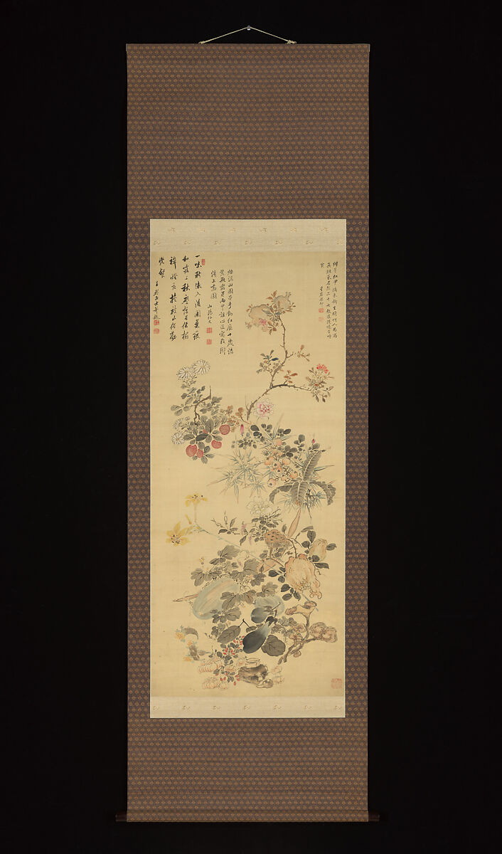 Flowers and Fruits, Uragami Shunkin (Japanese, 1779–1846), Hanging scroll; ink and color on silk, Japan