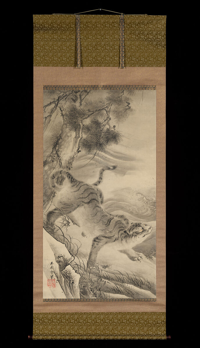 Dragon and Tiger, Nemoto Yūga (Japanese, 1824–1866), Pair of hanging scrolls: ink and gold on paper, Japan