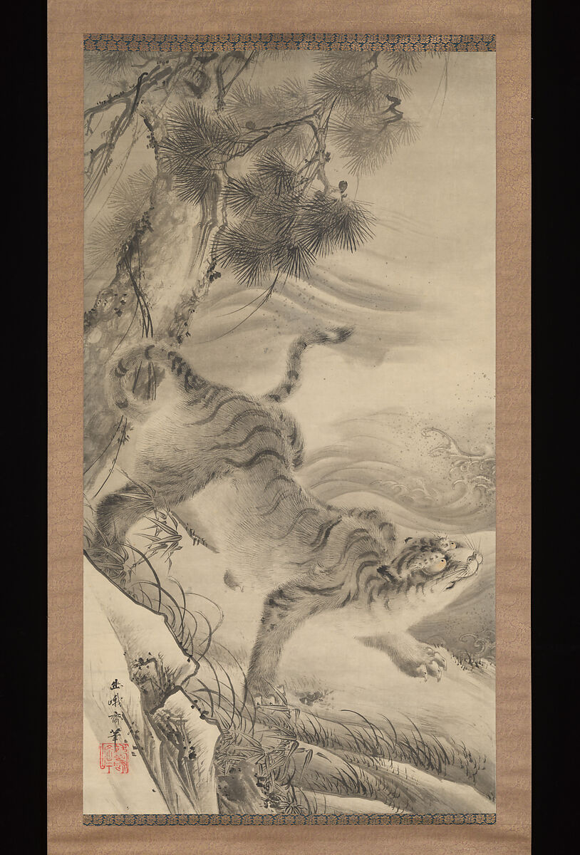 Dragon and Tiger, Nemoto Yūga (Japanese, 1824–1866), Pair of hanging scrolls: ink and gold on paper, Japan