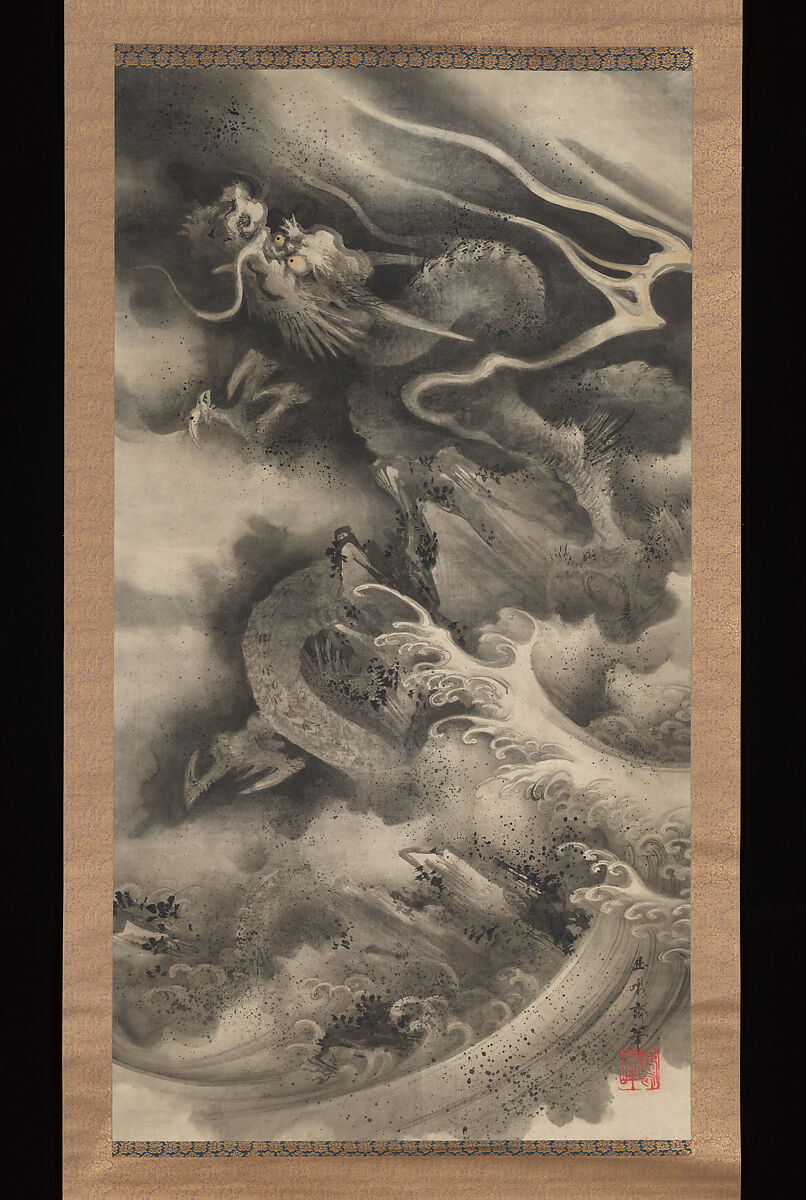 Dragon and Tiger, Nemoto Yūga (Japanese, 1824–1866), Pair of hanging scrolls: ink and gold on paper, Japan