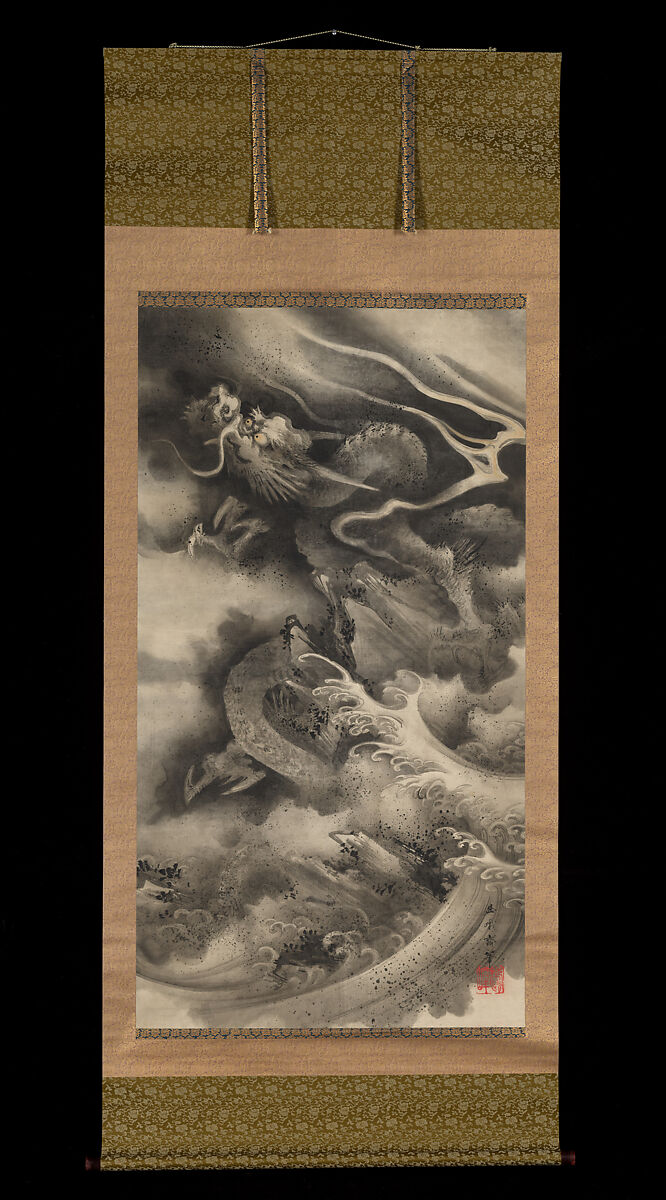 Dragon and Tiger, Nemoto Yūga (Japanese, 1824–1866), Pair of hanging scrolls: ink and gold on paper, Japan