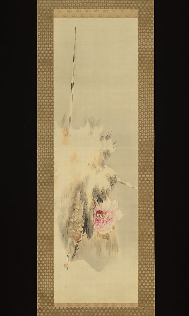 Heron under Willow (R); Winter Peony (L), Watanabe Seitei (Japanese, 1851–1918), Pair of hanging scrolls: ink and color on silk, Japan