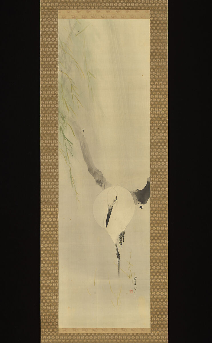 Heron under Willow (R); Winter Peony (L), Watanabe Seitei (Japanese, 1851–1918), Pair of hanging scrolls: ink and color on silk, Japan