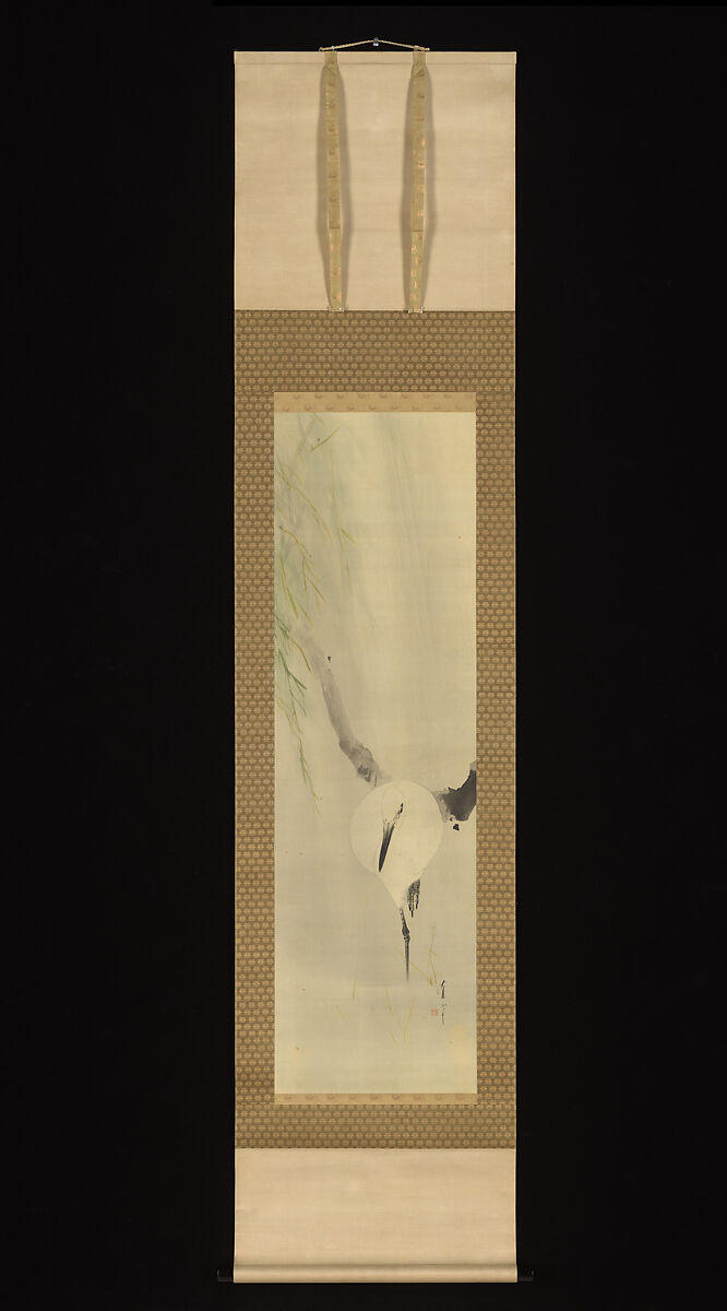 Heron under Willow (R); Winter Peony (L), Watanabe Seitei (Japanese, 1851–1918), Pair of hanging scrolls: ink and color on silk, Japan