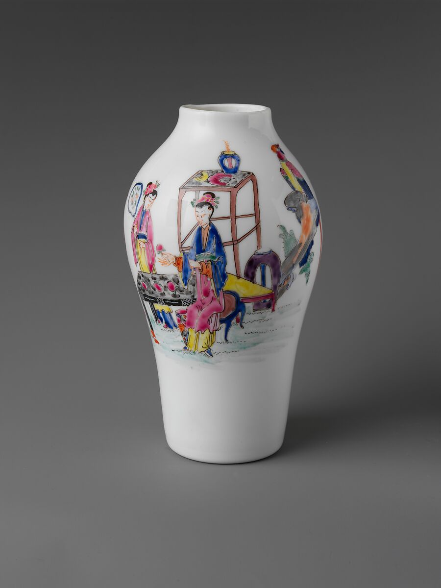 Vase, Opaque glass with enamel decoration, British